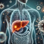 A detailed medical illustration of Hepatitis B infection affecting the human liver. The image shows a semi-transparent human torso highlighting